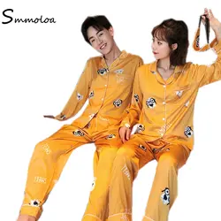 Smmoloa Пара Осень Зима шелковые пижамы набор атласное с длинными рукавами для мужчин и женщин пижамы
