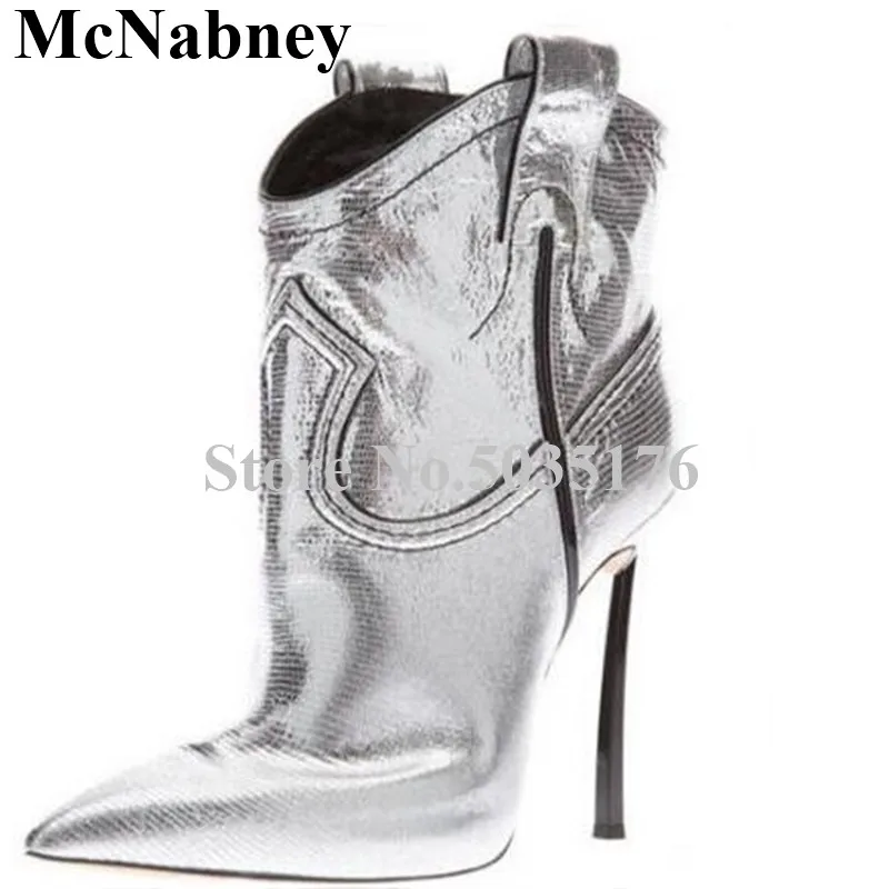 

2019 European Fashion Gold Silver Bling Pointed Toe High Stiletto Heel Mid-Calf Short Boots Cover Heel Spring/Autumn Women Shoes