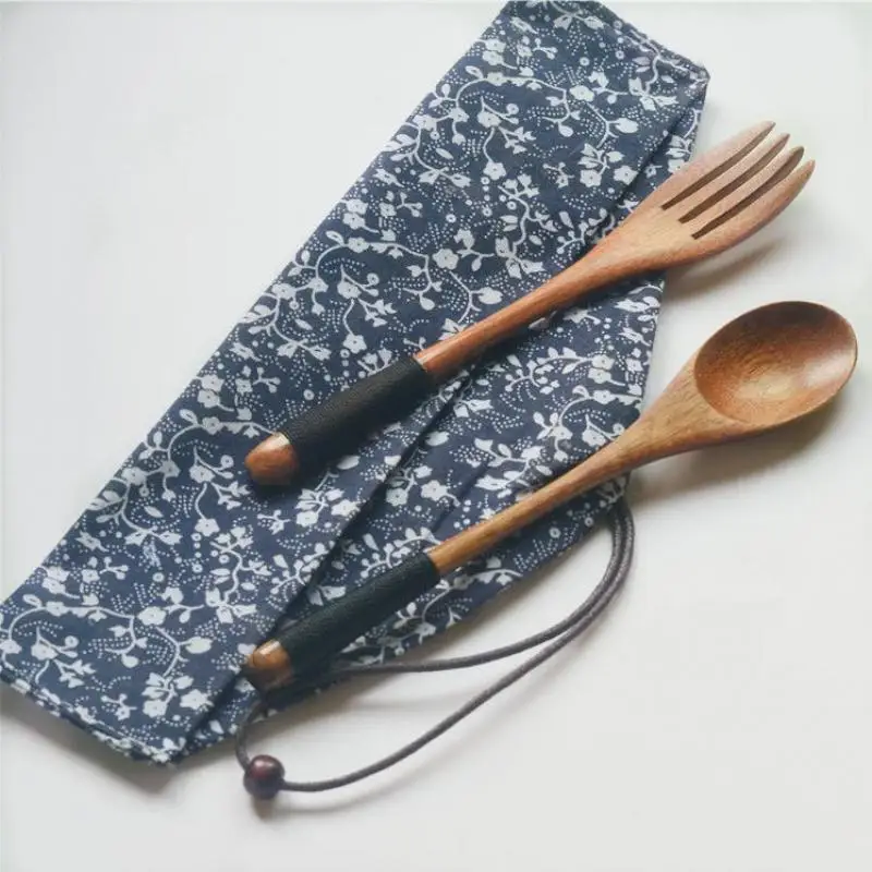 

2PCS Japanese Style Wooden Spoon Fork Flatware Set In Storage Bag