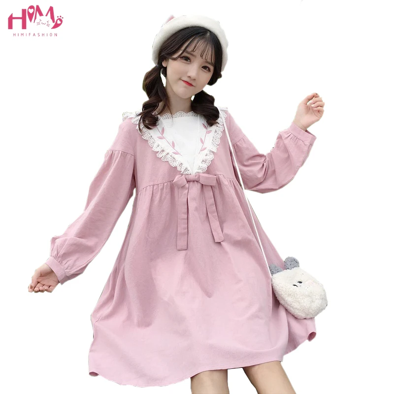 

Harajuku Spring Vintage Ruffles Kawaii Dress Lace Patchwork High Waist Sweet Dress Lolita Long Sleeve Embroidery Cute Dresses