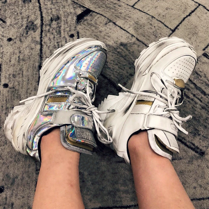 

2018 New White Multi Real Leather Lace Up Women Shoes 2018 Zapatillas Mujer High Platform Sneaker For Women's High Heels Woman