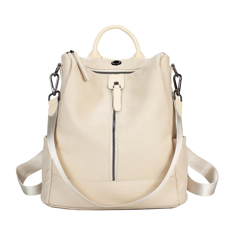 Single Zipper Beige Женский рюкзак mochila feminina, повседневный многофункциональный женский кожаный рюкзак, женская сумка через плечо, сумка для путешествий - Цвет: Single Zipper Beige
