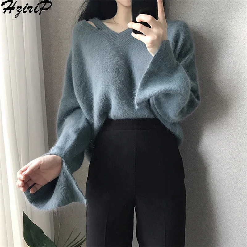 

HziriP 2019 Autumn Winter Pullover Thick Female Fresh Casual V-Neck Loose Split Cute Free All-Match Stylish Sweet Sweater