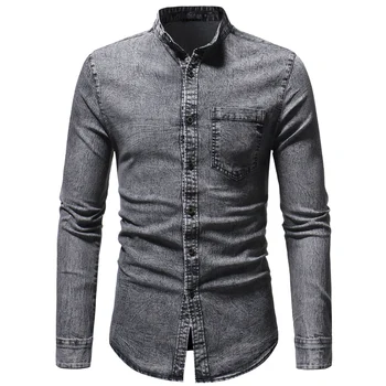 

Men Denim Shirt Chemise Homme 2018 Fashion Stand Collar Long Sleeve Mens Dress Shirts Male Casual Social Shirt Tops Camisa Jeans