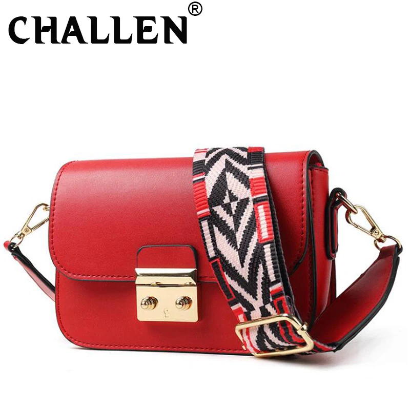 cheap 2019 Wide webbing Korean Flap shoulder bag. Crossbody Bag For Women Handbag PU Leather Women Shoulder Bags Red Black BGA 18