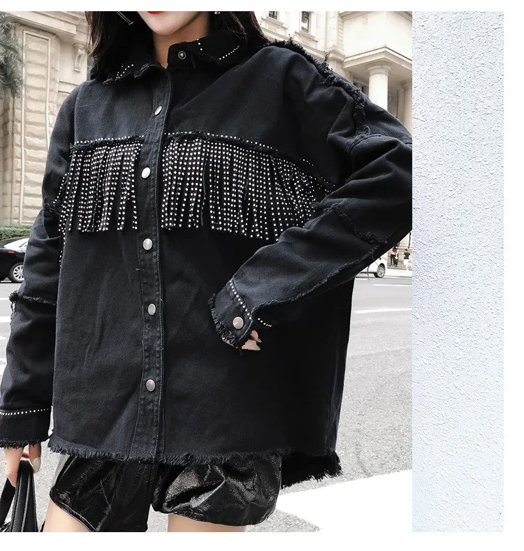 New Arrival Autumn Tassels Jeans Overcoats Women Turn-Down Collar Loose Casual Jackets Button Black Sequined Denim Outerwear