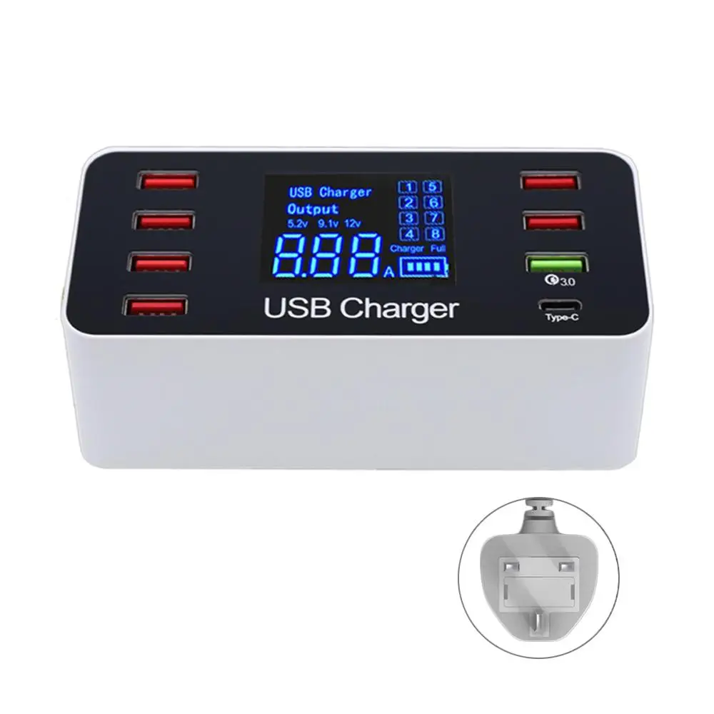 

8 Ports Quick Charge 3.0 Smart USB Type C Charger Station Led Display Fast Charging Phone Tablet For iPhone Samsung Adapter