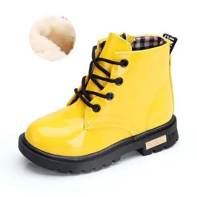 Зимние детские ботинки из искусственной кожи; водонепроницаемые ботинки martin; обувь для детей; зимние ботинки; брендовые резиновые ботинки для мальчиков и девочек; модные кроссовки - Цвет: plush yellow