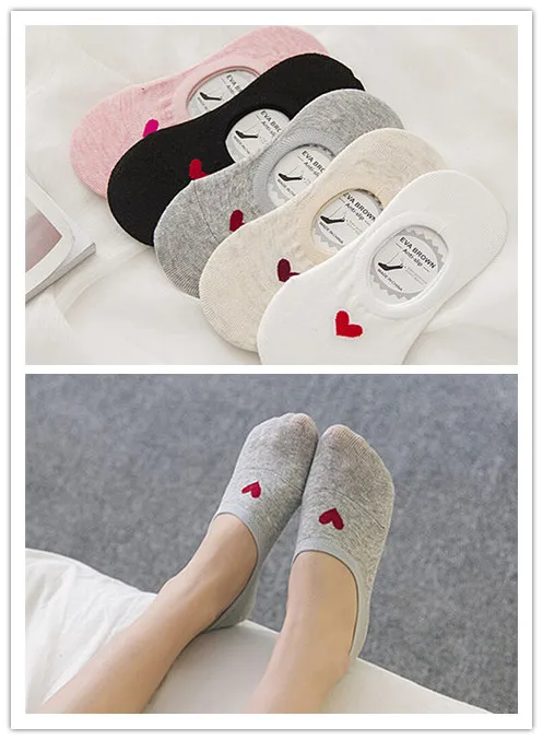 1Pair Women Socks Non-slip Silicone Women Invisible Socks Cotton Shallow Mouth Heart Ankle Socks Candy Colors