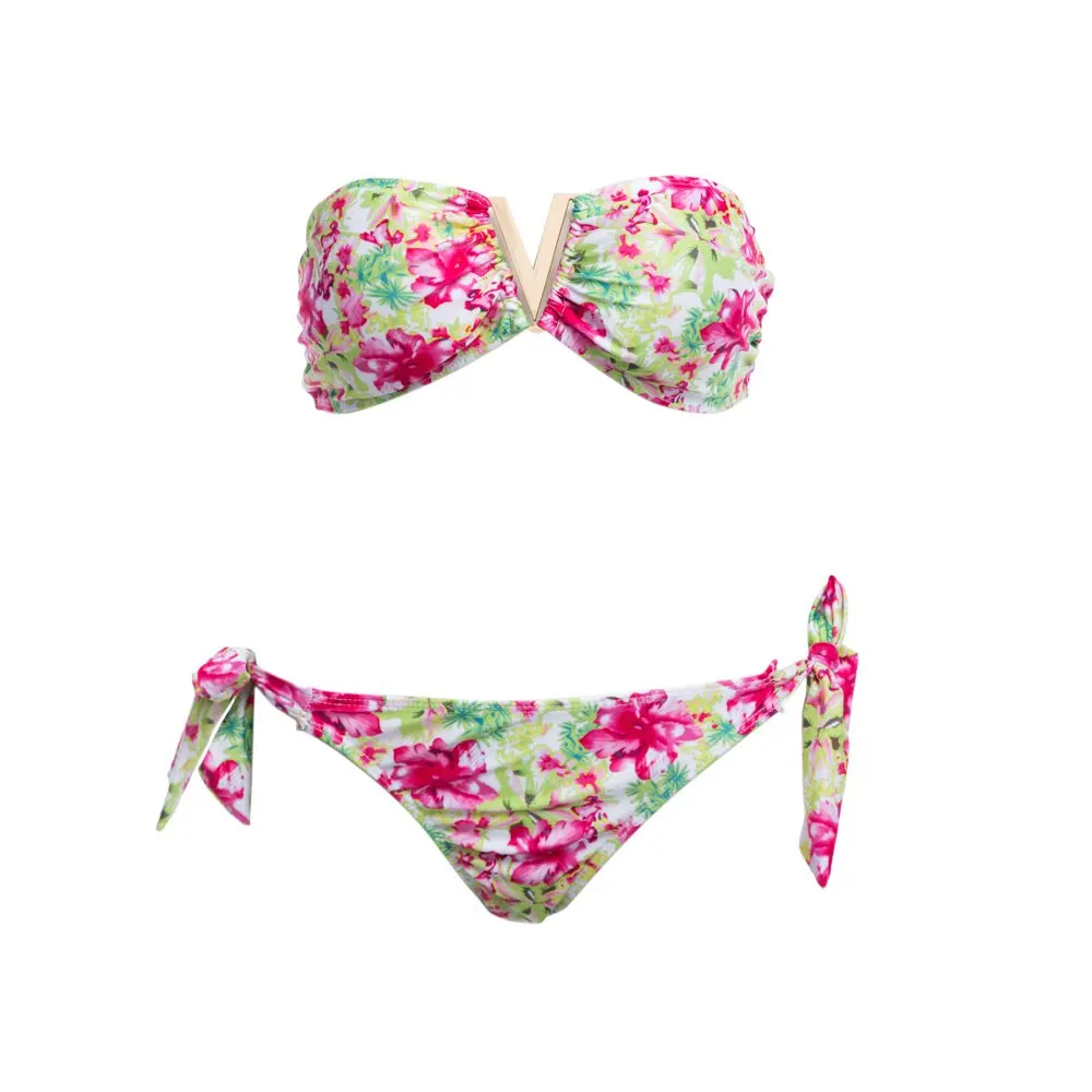 

3 sizes floral prited wire free Push up bra+low waist lacing briefs swim pool sandbeach two-piece set