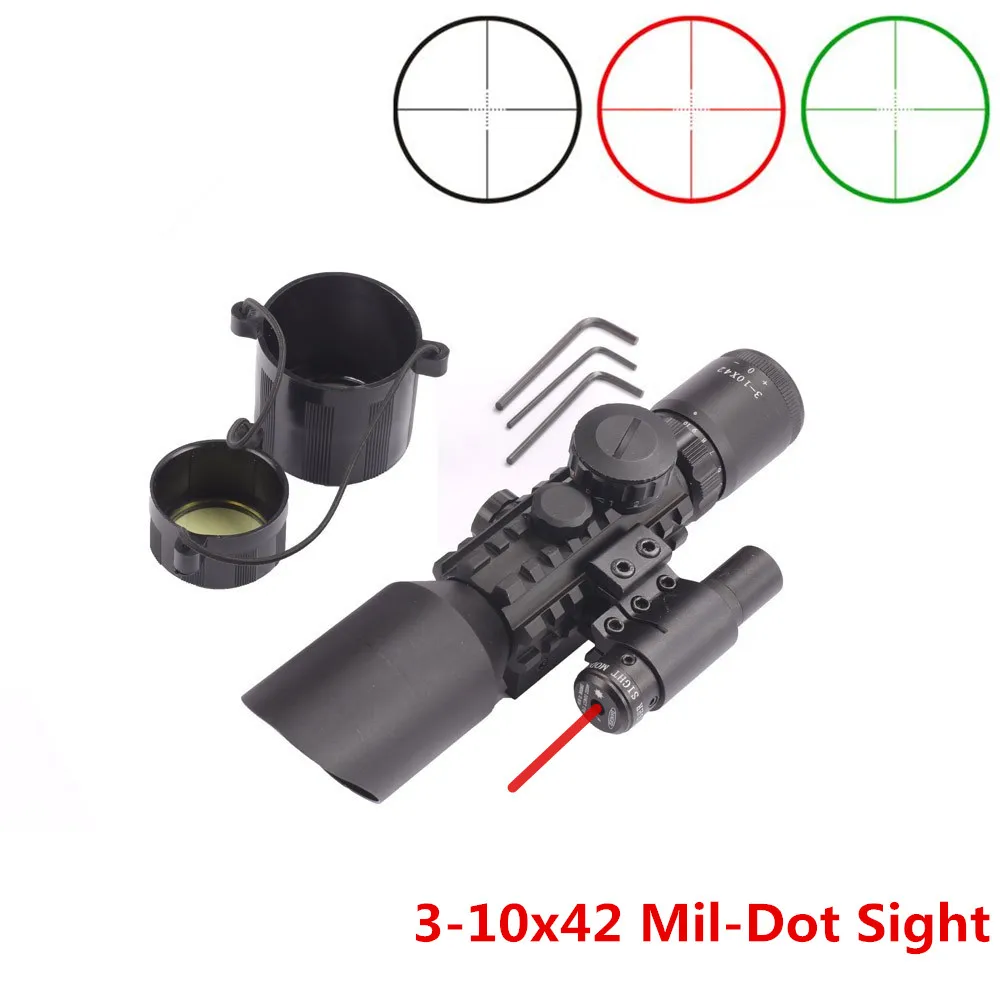 

3-10x42 Green Red Dot Illuminate Mil-Dot Reticle Sight Rifle Scope With Red Laser for Airsoft Hunting Caza 20mm 11mm Mount Rail