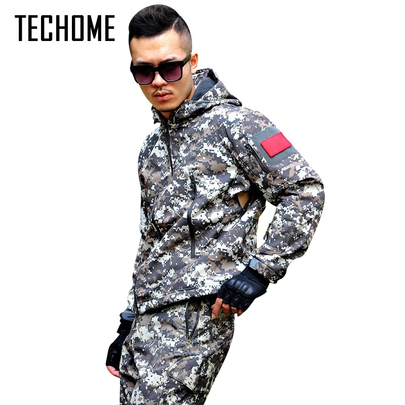 

Men Waterproof Caza Tactical Soft Shell Camouflage ao ar livre Jacket Set Men Army esporte Set Military Brand Jacket +Pant Suit