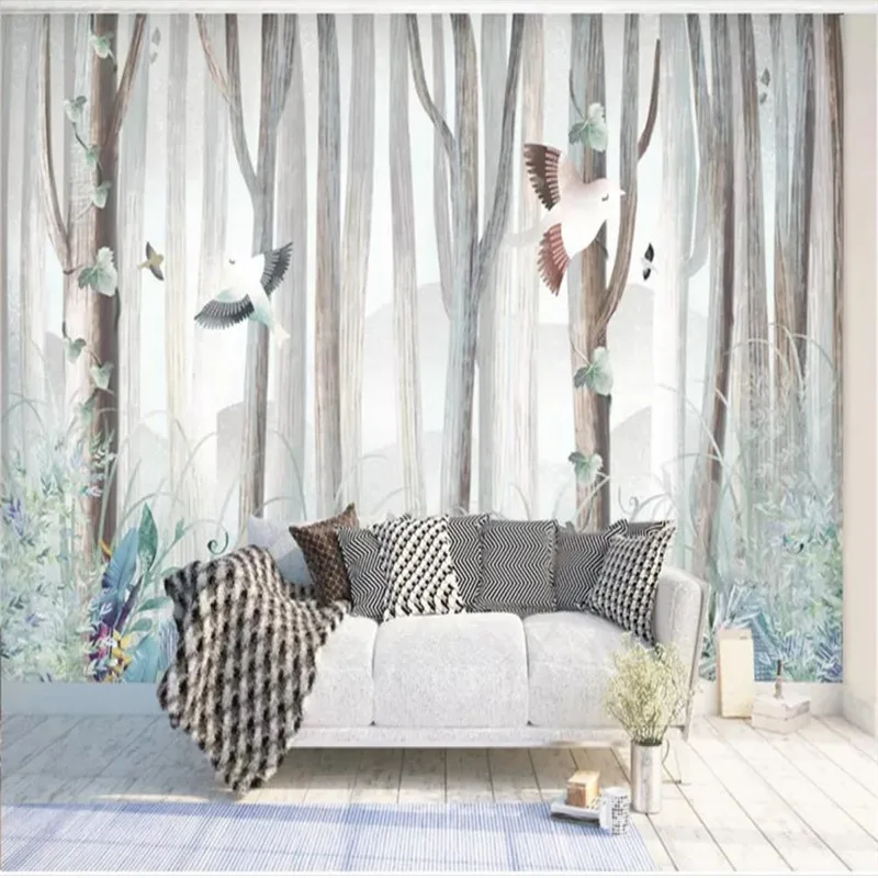 

Custom wallpaper modern minimalist forest trees animal flowers and plants background wall decoration waterproof material