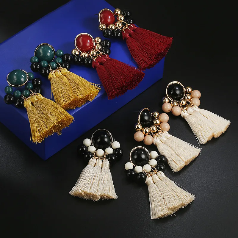 

RINTOLER New Long Drop Fringe Tassel Earrings Women Round Bead 6 Colors Boho Statement Brand Earring Jewelry Female Accessories