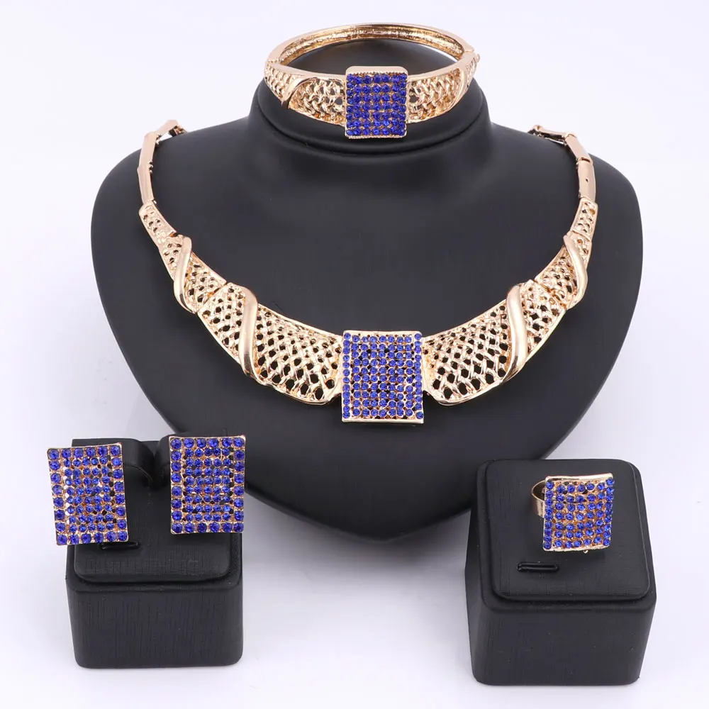 

African Beads Jewelry Set For Women Wedding Accessories Blue Crystal Pendant Statement Necklace Earring Bangle Rings Jewelry Set
