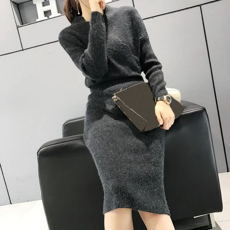 Свитер юбка длинный рукав длинный абзац выше колена Свободная Корейская версия весна осень толстый женский свитер - Цвет: Темно-серый