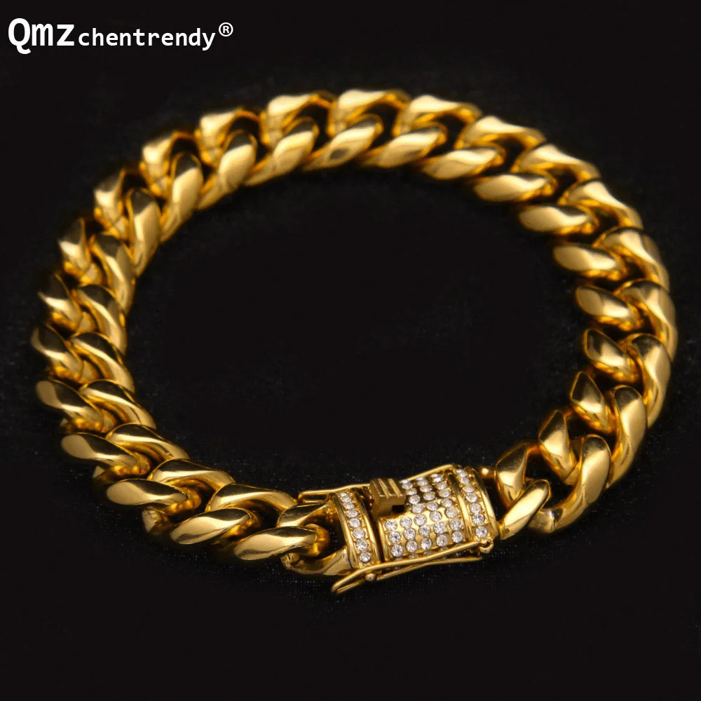 

10/14mm Cuban Miami Chain Bracelets Stainless steel Rhinestone Clasp Iced Out Gold Silver Hip hop Casting Cubra Chain Bangle