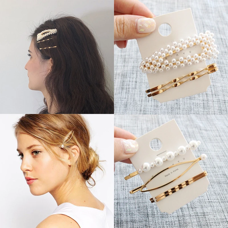 

3Pcs Sweet Women Pearl Hair Clip Snap Hair Barrette Stick Gold Metal Hair Grips Elegant For Female Girl Hairpin Hair Accessories