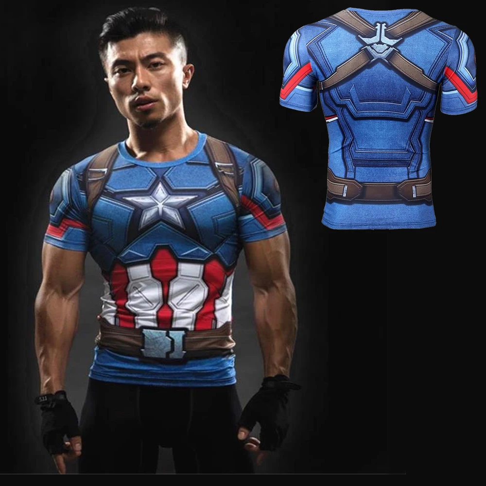 

Sports Shirt men Captain America Roleplay T-Shirt Avenger Super Hero Dress Up 3D Print Run Quick Dry GYM Tight Tops MMA Tees