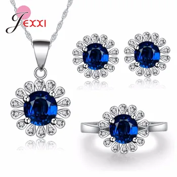 

Top Quality Elegant luxury Flower Design New Fashion Shiny Blue Austrian Crystal 925 Silver Chain jewelry Sets Women Gift