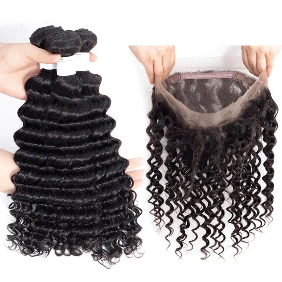 

Brazilian Deep Wave Hair Weave Bundles With 360 Frontal Closure Lace Frontal With Bundles Human Hair Extension Hair Bundles Free
