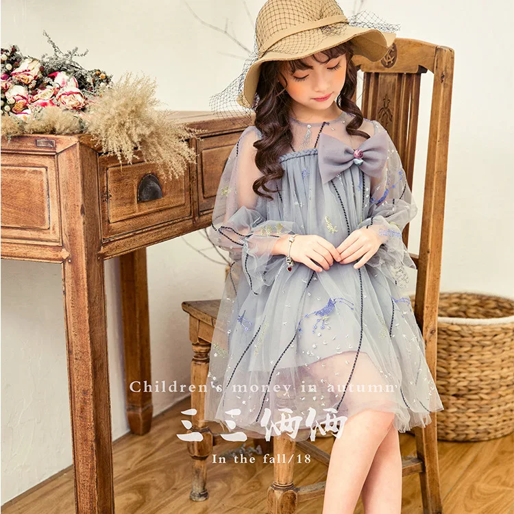 

2018 autumn new girls dress mesh rework embroidered big bow trumpet sleeve princess A-Line dress
