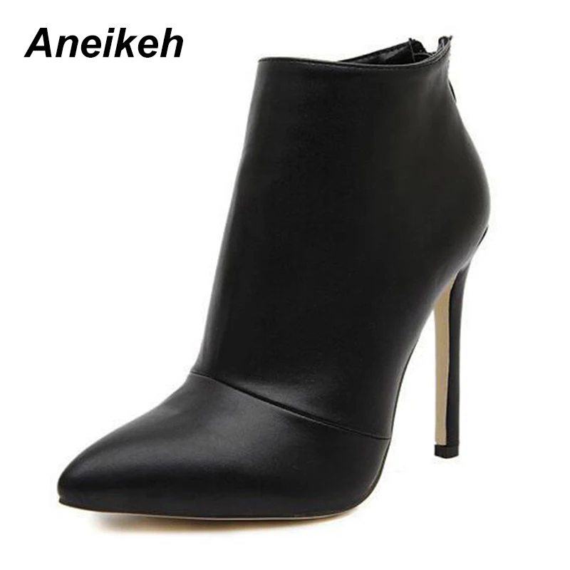 

Aneikeh Black Women Red Wedding Shoes Back Zipper Pointed Toe High Heel Boots Shoes Woman Ankle Boots Size 35 - 39 D-2017#