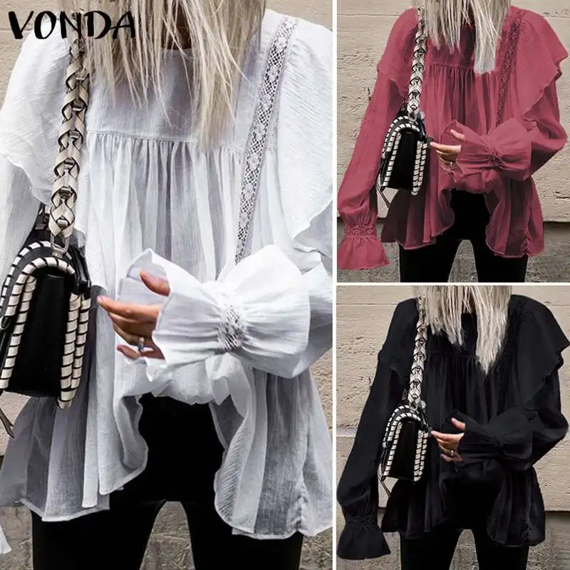  VONDA Bell Sleeve Cotton Tops Sexy O-Neck White Blouses Ladies Casual Loose Shirts White Cotton Tun