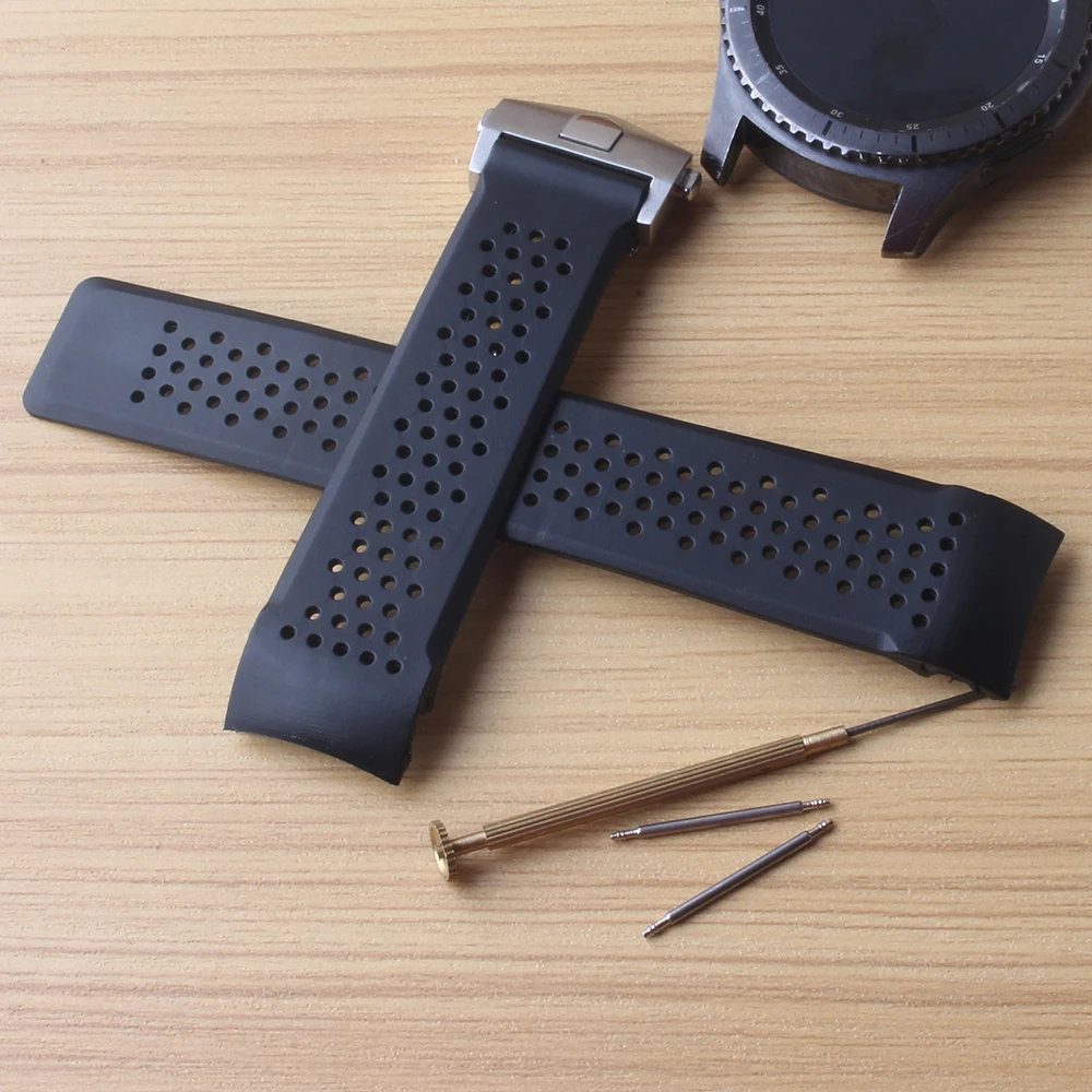 Kopen Siliconen Rubber horlogebanden gebogen end 22mm Band Voor Gear S3 Frontier S3 Classic Rvs Gesp Deployment Bandjes vervangen