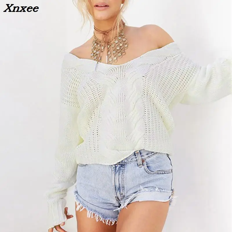 Xnxee Winter Sexy Deep V-Neck Twist Knitted Sweaters Women Long Sleeve Off Shoulder Sweater Femme 2018 Autumn Outwear Sweater Xnxee Winter Sexy Deep V-Neck Twist Knitted Sweaters Women Long Sleeve Off Shoulder Sweater Femme 2018 Autumn Outwear Sweater