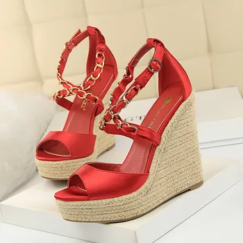 

super High heels 13cm pumps women shoes braided pastry shoes satin metal chain ladies bridal shoes peep toe wedges silks buckle