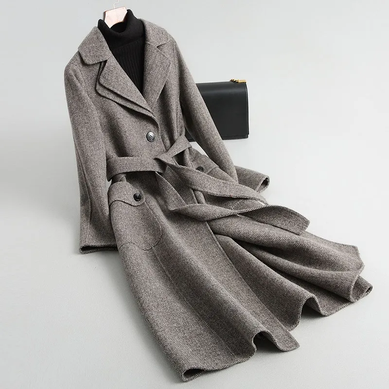

2019 Autumn and Winter New Wool Coat Casual Handmade Cashmere Double-Sided Long Outerwear Female With Belt Casaco Feminino R840
