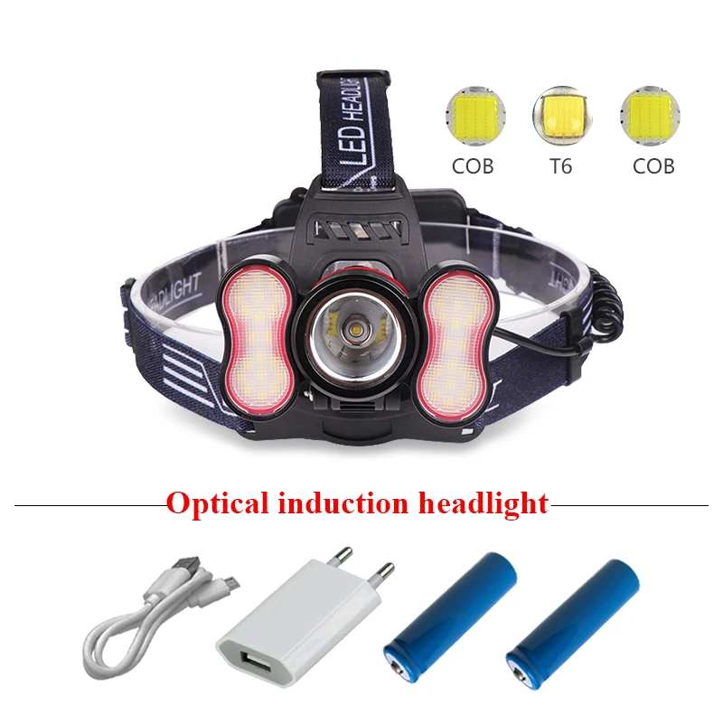 buy camping Bright sensing COB headlight head lamp head torch usb rechargeable headlamp flashlight 18650 t6 lantern lampe frontale
