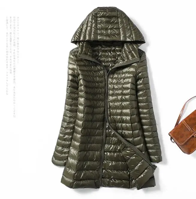 Осень-зима плюс Размеры 4XL Для женщин пуховик с капюшоном ультра легкий парки с гусиным пухом длинное пальто Теплый тонкий куртка Верхняя одежда SF1423 - Цвет: Армейский зеленый