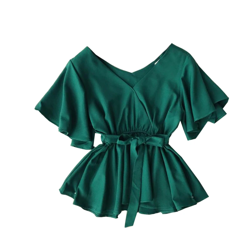 

MUMUZI 2019 new solid color V-neck flared sleeve blouse elastic waist ruffled shirts elegant chiffon tops female