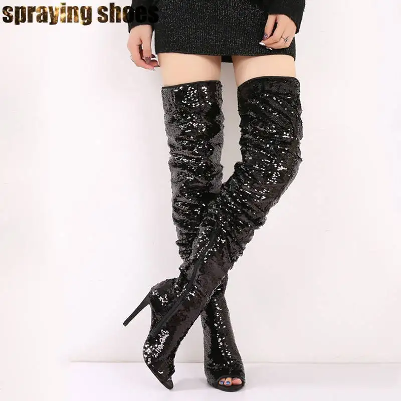 

Bling Sequins Over The Knee Women Thigh High Boots Peep Toe High Heels Pumps Summer Sandals Shoes Woman Black/Gold/Silver/Green