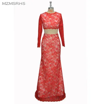 

MZ-MSRHS Elegant Scoop Neckline Long Sleeves Mermaid Two Pieces Prom Dress 2016 Red Lace Evening Party Dress