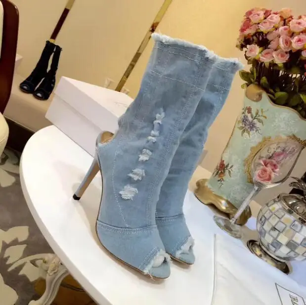

New arrival women peep-toe boots Spring Summer fashion blue denim ankle boots dark-blue light-blue white black shoes jeans boots