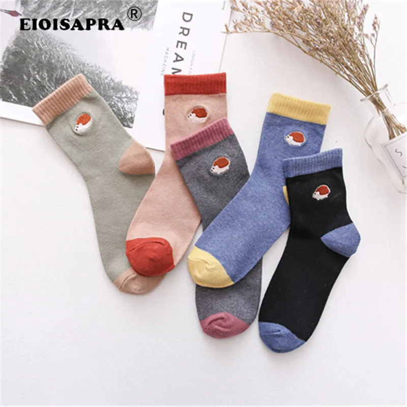 

[EIOISAPRA] Harajuku Funny Socks Cartoon Embroidery Hedgehog Pattern Cute Novelty Short Cotton Ankle Socks For Women Crew Mujer