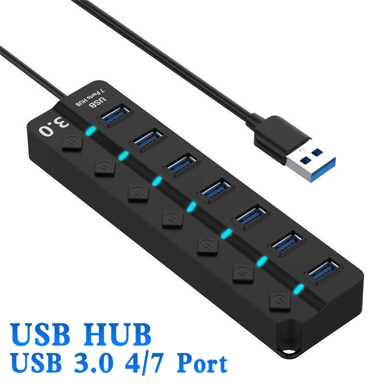

For PC Computer 4/7 Port USB 3.0 Hub 5Gbps High Speed On/Off Switches AC Power Adapter Laptop USB Splitter Notebook Accessory
