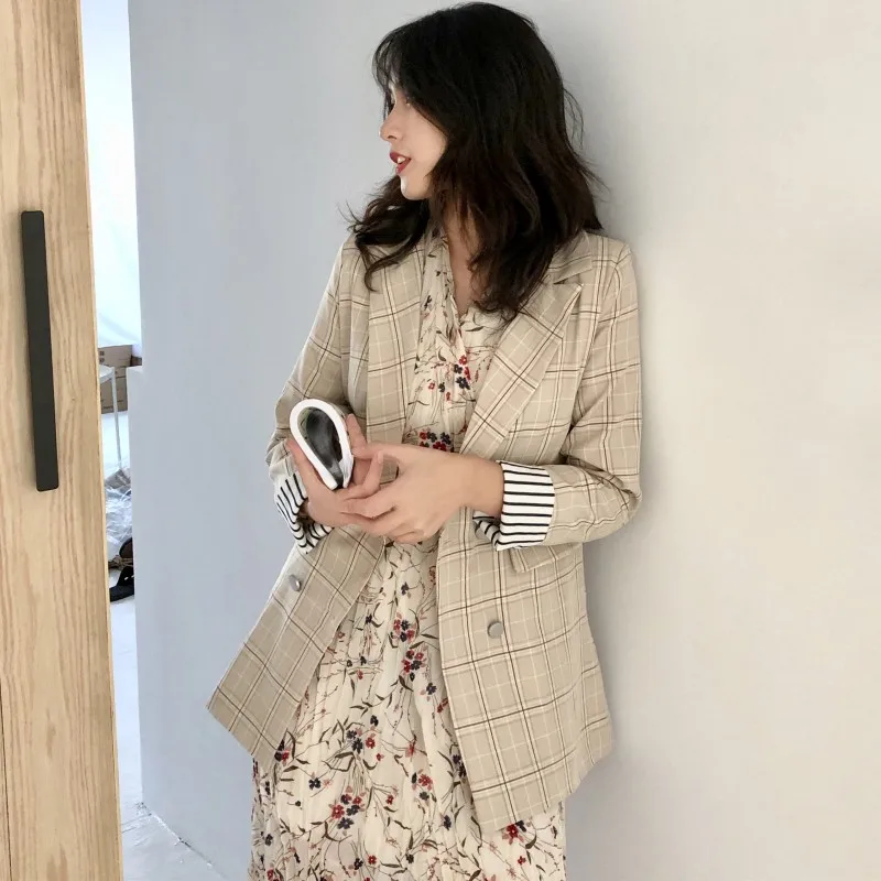 2019 Autumn New Women's Blazers Korean Casual Slim Solid Color Lattice Female Coat Temperament Commute Black Blazer Notched