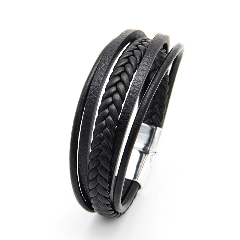 NIUYITID Men Leather Bracelet Magnet Buckle Vintage Male Braid Jewelry For Women Handmade Multi layer Wrist Band Gifts  (1)