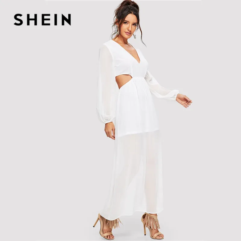 SHEIN Сексуальное Женское Платье трапециевидной формы с глубоким вырезом и вырезом на талии, белое платье с рукавом Бишоп, весеннее однотонное платье Макси