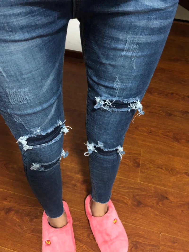 2019 демисезонный новые модные женские туфли джинсы с дыркой персональные средства ухода за кожей стоп тощий карандаш джинсовые, длиной до