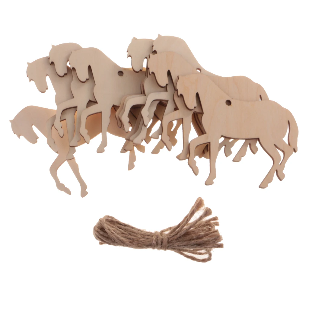 

10Pieces Wood Horse Shape Cut Out Ornament Embellishment Tag with String