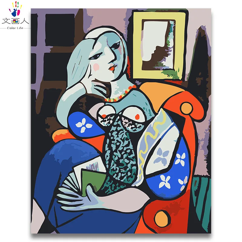 

Woman with book Picasso abstract famous painting by numbers with paint colors on canvas drawing coloring by numbers hoom decor