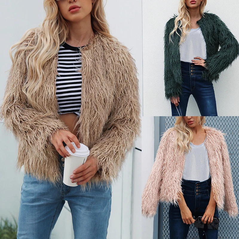 Plus Size 3XL O-Neck Solid Coat Fashion Winter Women Long Sleeve Faux Fur Coats Sexy Thick Warm Casual Ladies Short