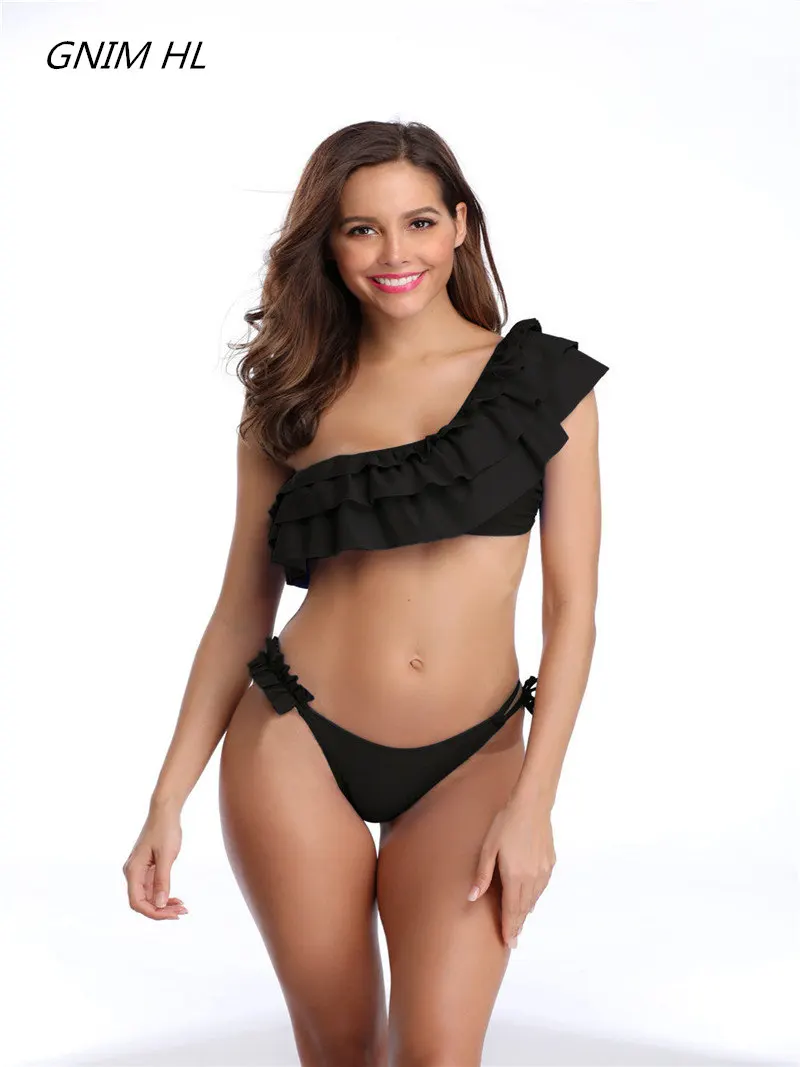 

One Shoulder Bikini Set Ruffle Swimwear Women Solid Bathing Suit New Female Sexy Nylon Swimsuit Halter Bikinis 2019 Mujer