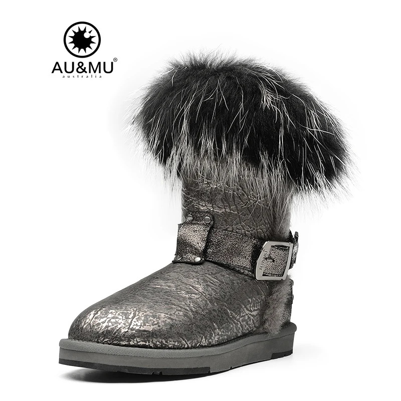 

2018 AUMU Australia Patent Leather Fur Slip-on Round Toe Rubber Soles Mid-calf Snow Winter Boots N362