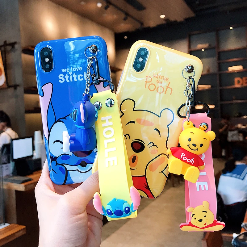 Anti-knock lanyard silicone personality case for iphone 6 6s 7 8 Plus X XR XS MAX Stitch mini Pooh phone cases super cute |